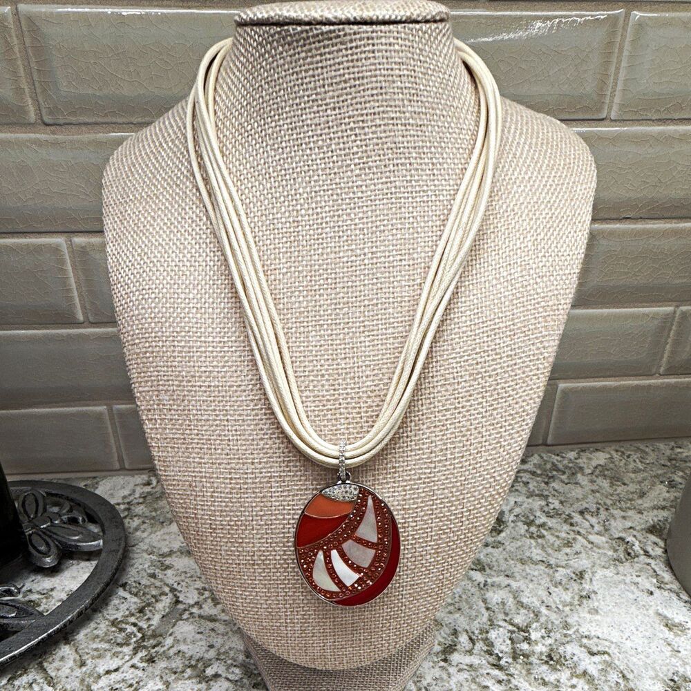 Multi-Strand Cream Cord Necklace Oval Red/Orange Enamel Pendant Rhinestones